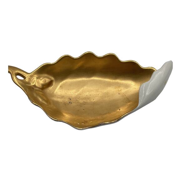 Vintage MCM 1960s Leaf Shaped Dish/Trinket Tray Gold Tone on White Porcelain - Picture 1 of 10